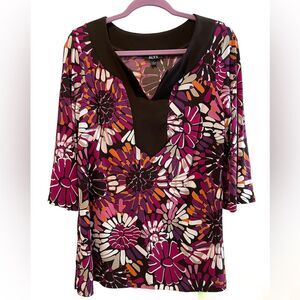 Alyx V-Neck 3/4 Sleeve Tunic‎ Top Blouse Floral Pink Purple Brown Size Large